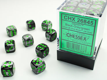 Gemini Black-Grey/green 12mm d6 Dice Block (36 dice)