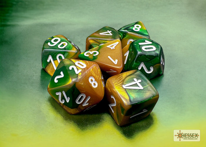 Gemini Gold-Green/white Polyhedral 7-Dice Set