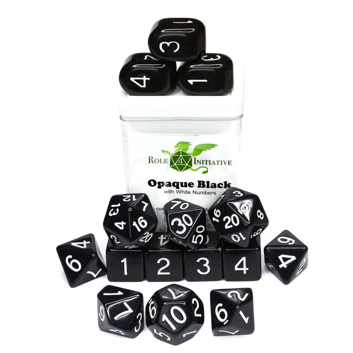 Set of 15 dice w/ Arch'd4: Opaque Blk w/ White