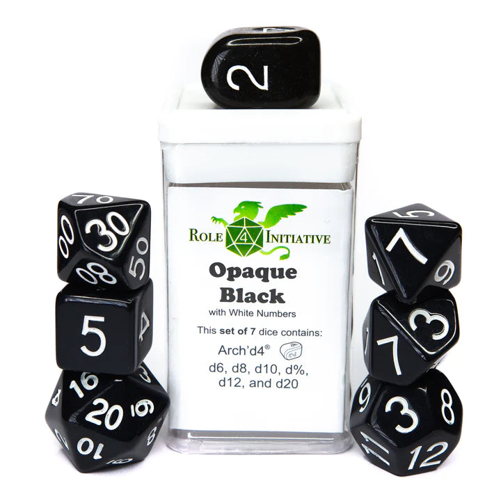 Set of 7 dice w/ Arch'd4: Opaque Blk w/ White