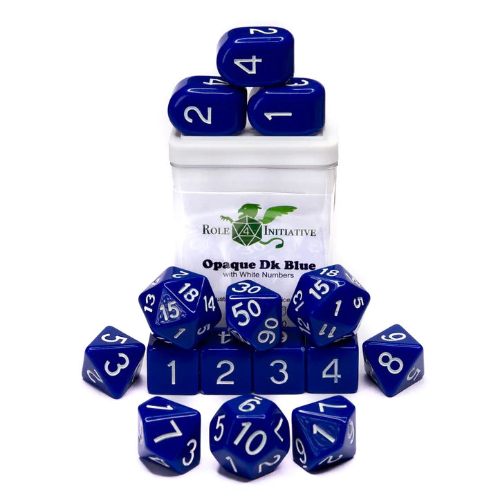 Set of 15 dice w/ Arch'd4: Opaque Dark Blue w/ White