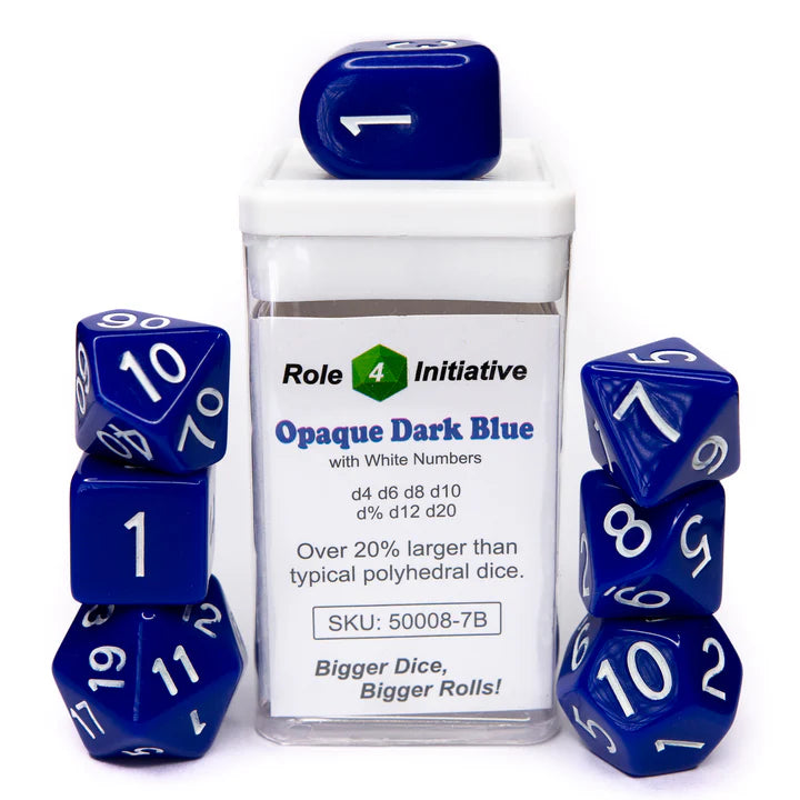 Set of 7 dice w/ Arch'd4: Opaque Dark Blue w/ White