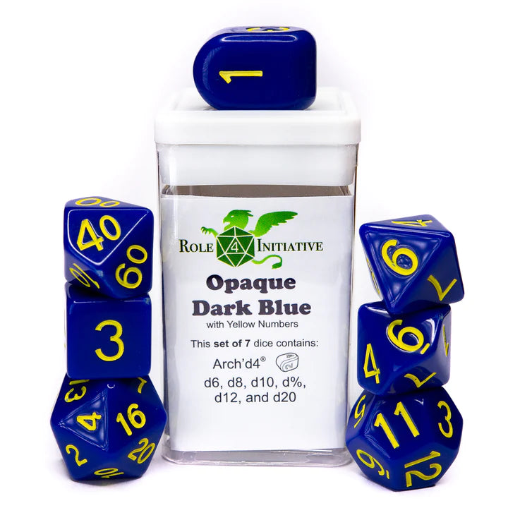 Set of 7 dice w/ Arch'd4: Opq Dark Blue w/ Yellow