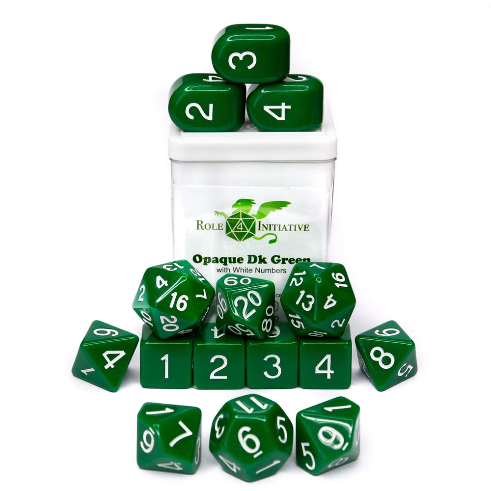 Set of 15 dice w/ Arch'd4: Opaque Dark Green w/ White
