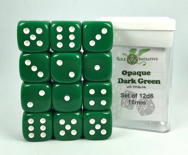 Set of 12d6 pip (18mm): Opaque Dark Green w/ White