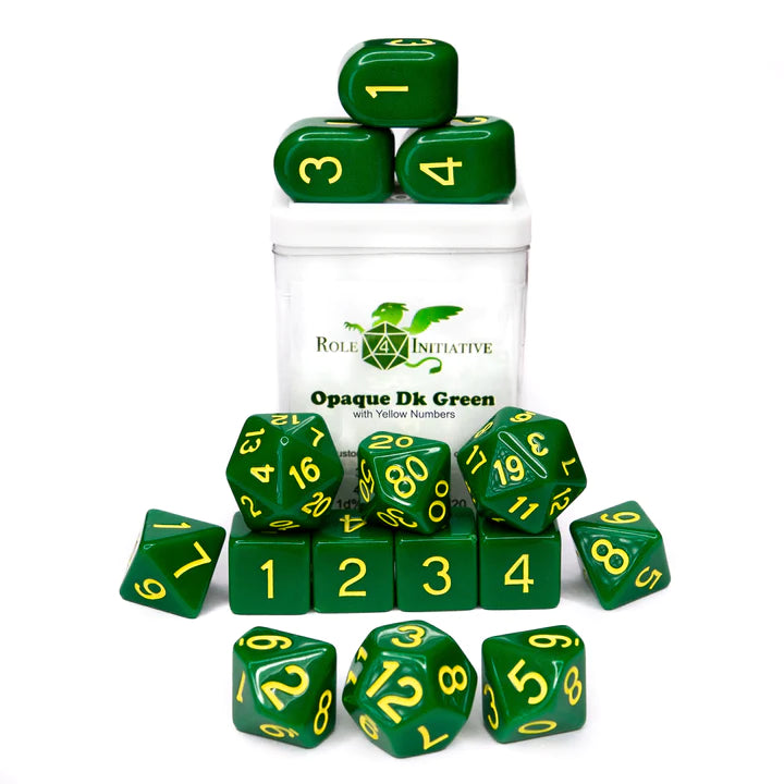 Set of 15 dice w/ Arch'd4: Opq Dark Green w/ Yellow