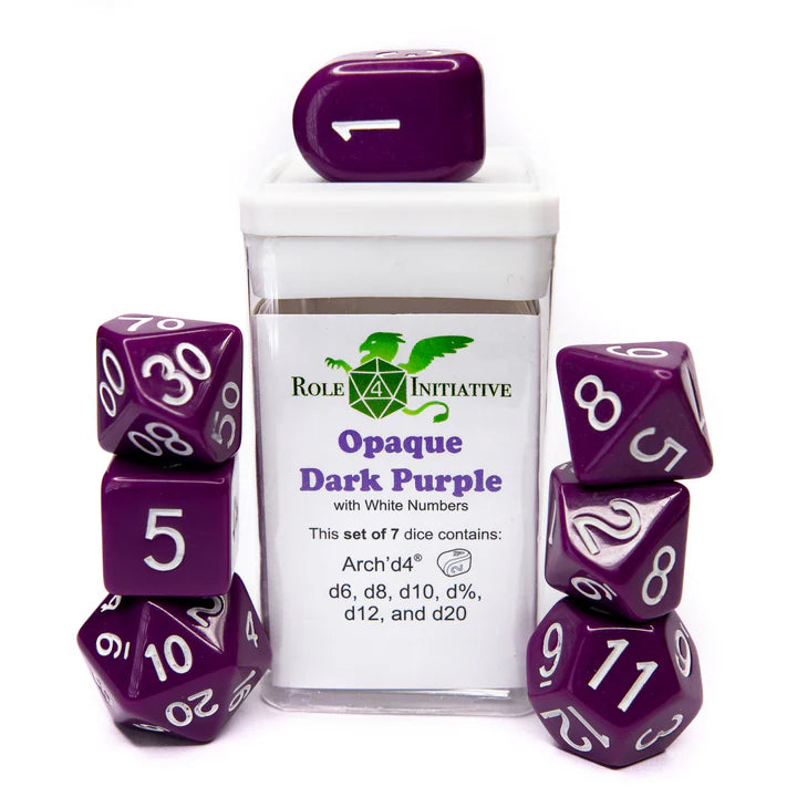 Set of 7 dice w/ Arch'd4: Opq Dark Purple w/ White