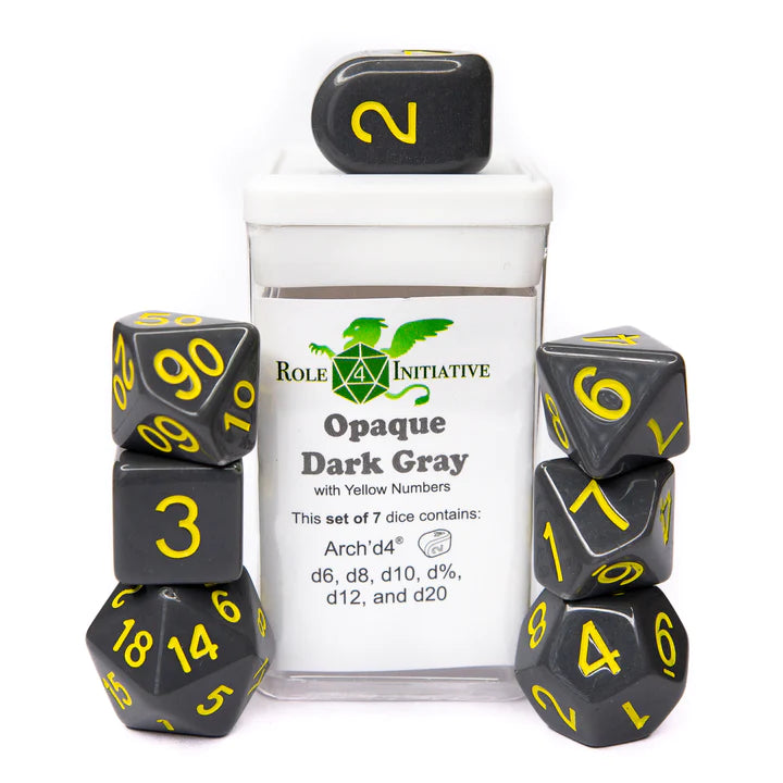 Set of 7 dice w/ Arch'd4: Opq Dark Gray w/ Yellow