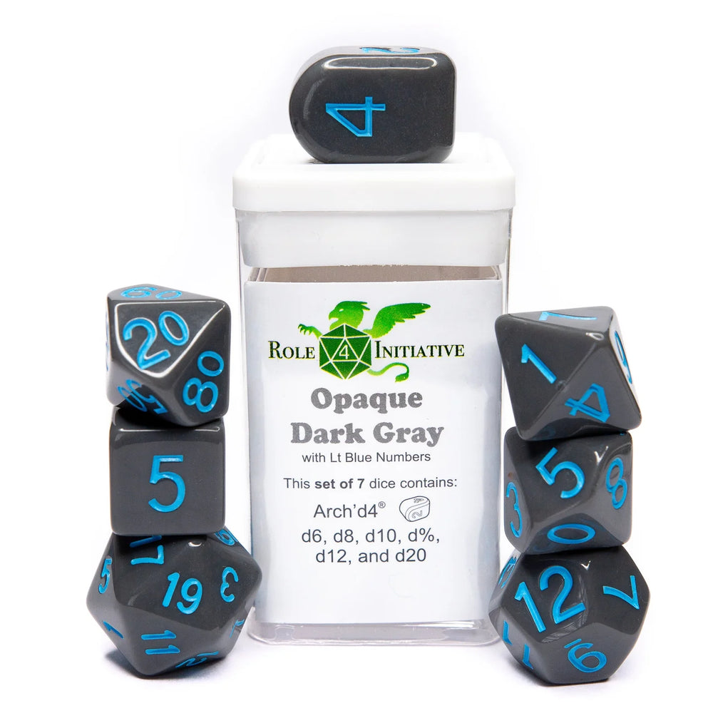 Set of 7 dice w/ Arch'd4: Opq Dark Gray w/ Lt Blue