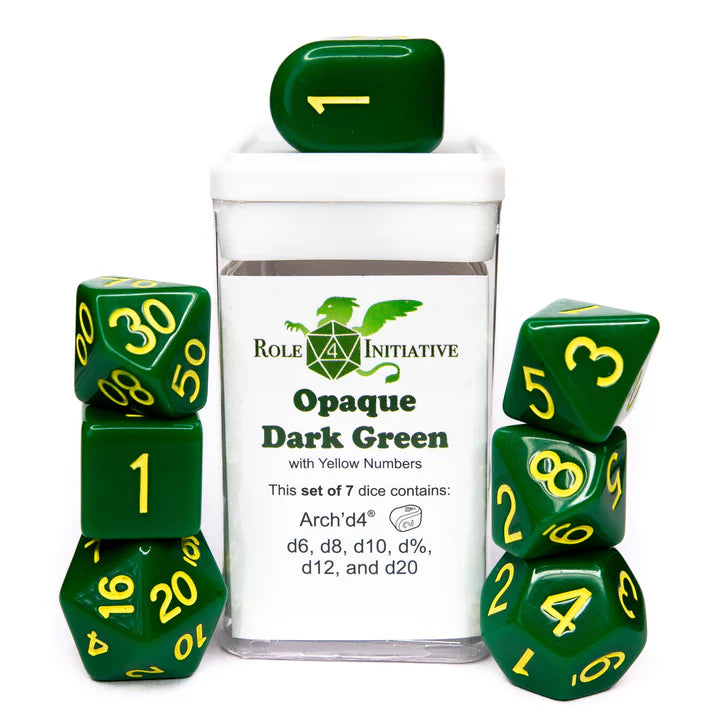 Set of 7 dice w/ Arch'd4: Opq Dark Green w/ Yellow