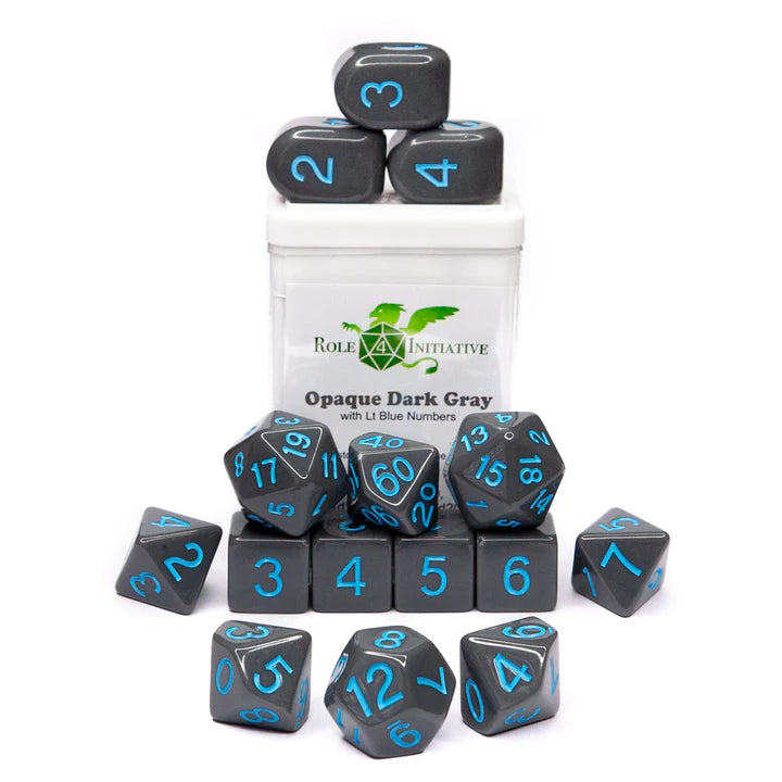 Set of 15 dice w/ Arch'd4: Opq Dark Gray w/ Lt Blue