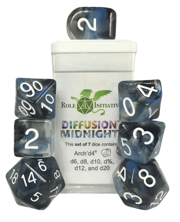 Set of 7 dice w/ Arch'd4: Diffusion Midnight